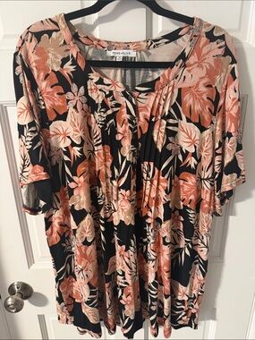 Rose & Olive Tropical Floral Henley Top Black Copper Peach Size 2X